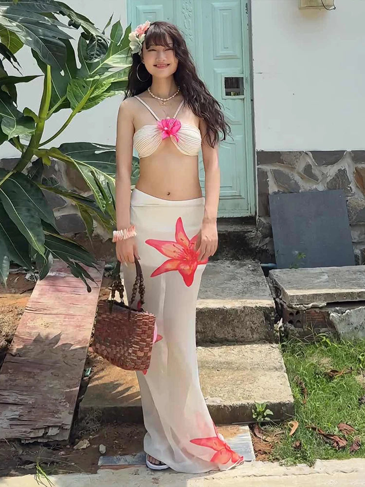 Weird Puss Beach Party 2-Piece Set Women Y2K Halter 3d Flowers Bra+Flower Print Mesh Lace-Up Skirts Matching Summer Trend Suit