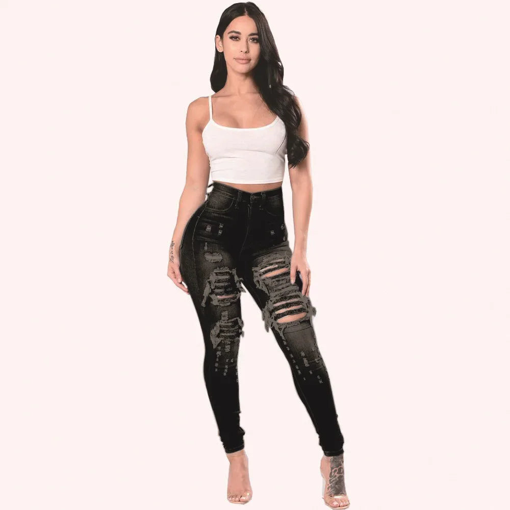 HOLE,  ladies 2025 High Waist Ripped Jeans for female, Skinny Black Pockets Jeans Elastic Slim Jean Female Femme Pants