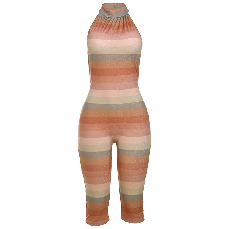 Weird Puss Backless Romper Women Colorful Print Sleeveless Summer Fit Bright Silk Midnight Club Workout Activity Sexy Overalls