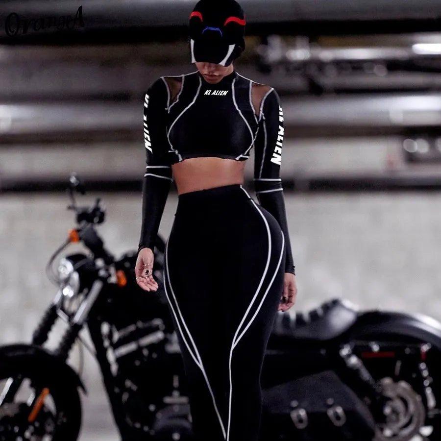 2Piece Set Fitness Full Sleeve Crop Top + Elastic Leggings