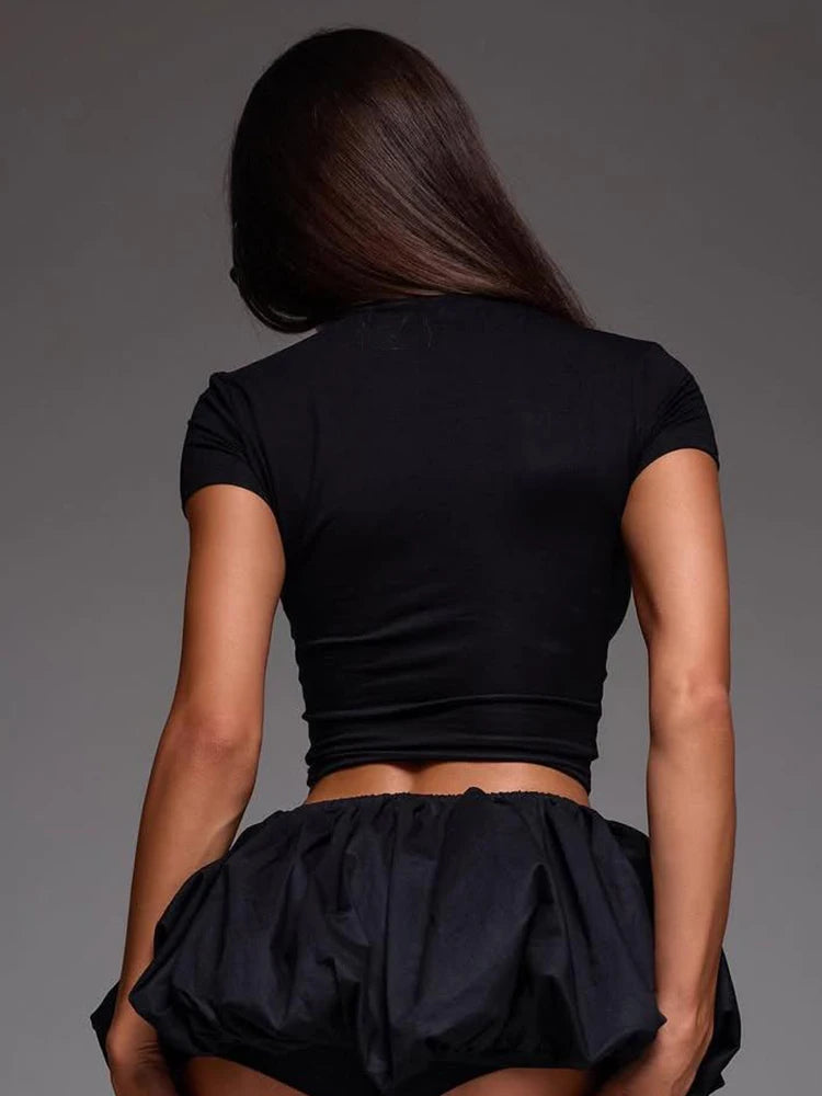 Weird Puss Casual 2 Piece Set Women Letter Print Shorts Sleeve Crop Tops+Puffy Skirt Simple Basic Matching Streetwear Outfits