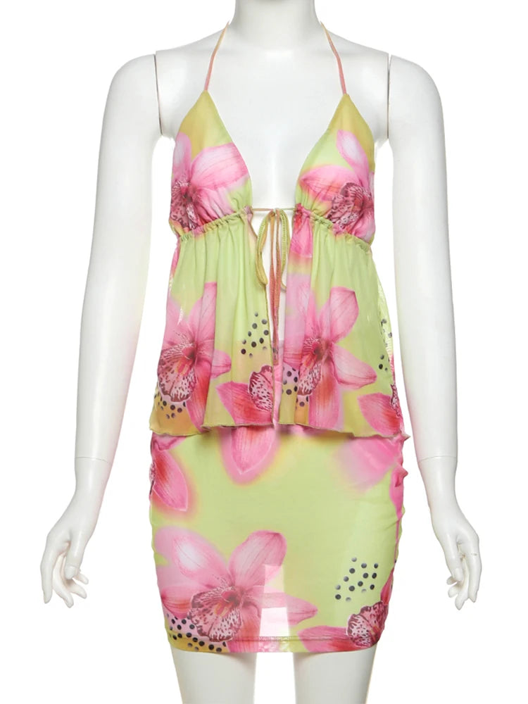 Weird Puss Flower Print Fashion 2 Piece Set Women Halter Lace-Up Backless Ruched Camisole+Skinny Skirt Vacation Beach Party Suit