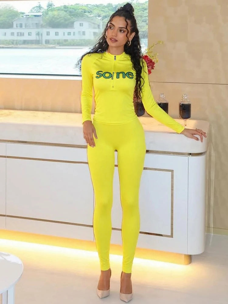 Weird Puss Casual Sporty Women2 Piece Set Letter Print Zip Crop Tops+Leggings Matching Street Stretch Skinny Streetwear Outfits