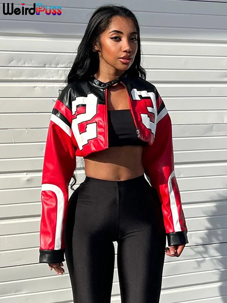 Weird Puss Faux Leather Women Jacket Hipster Letter Print Autumn Trend Casual Sporty Wild Streetwear Uniform Varsity Crop Coat
