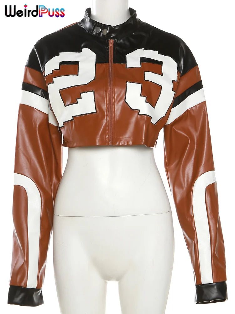 Weird Puss Faux Leather Women Jacket Hipster Letter Print Autumn Trend Casual Sporty Wild Streetwear Uniform Varsity Crop Coat