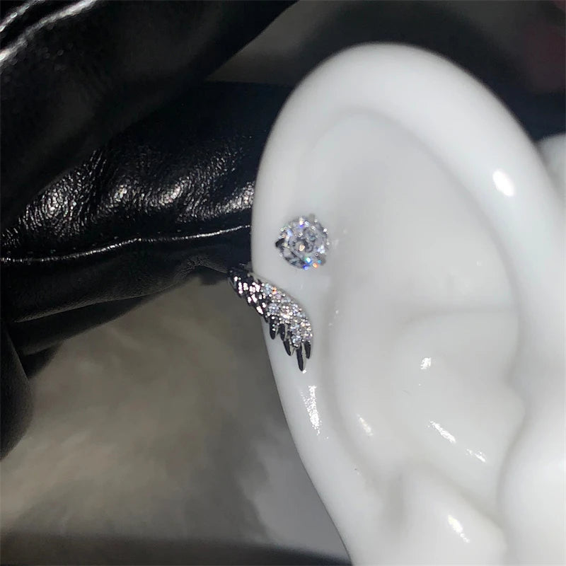 1pcs Silver Color Wing 316L Stainless Steel Ear Bone Nail for Women New Fashion Full of Rhinestone Earrings Accessories for Ear
