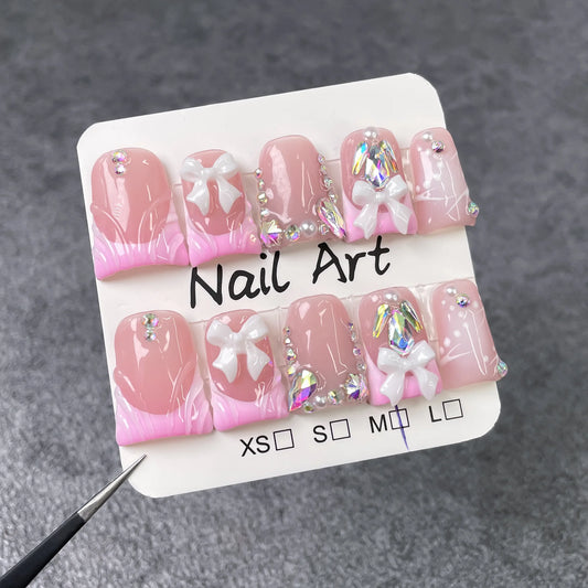 10pcs Sweet White Bowknots Press On Nails Pink French Style Glitter Diamond Pearl Decor Handmade False Nail Blush Duckbill Nails