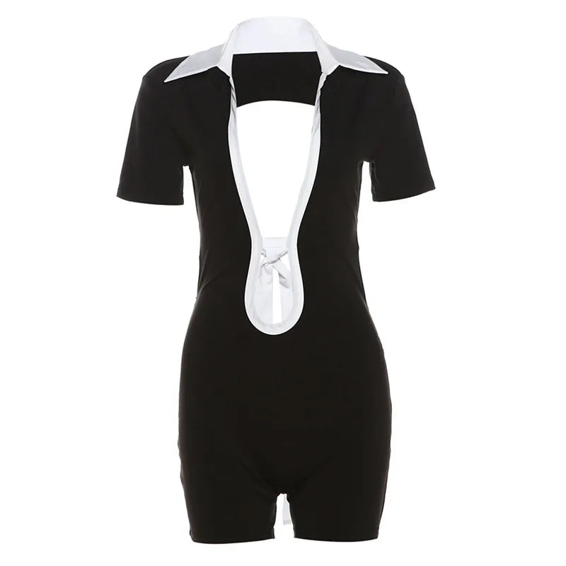Weird Puss Backless Bandage Romper Women Sexy Polo-Neck Short Sleeve Stretch Fitness Playsuit Skinny Streetwear Hipster Overalls