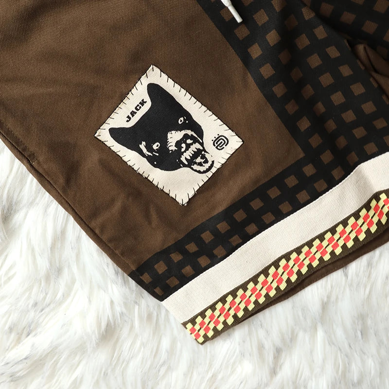 Cactus Jack Shorts Fashion Casual  Loose Color Blocking Patch Black Drawstring Elastic Waist Shorts Men Women Streetwear Pants