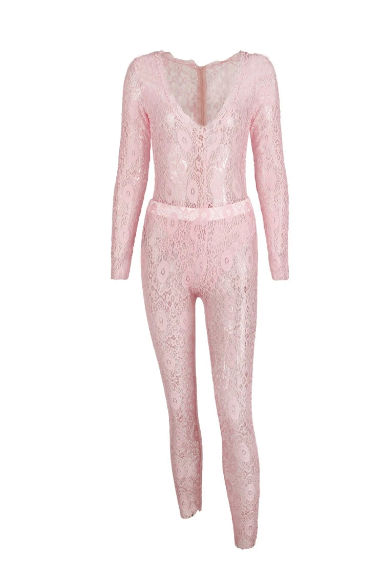 STYLISH LADY See Through Lace 2 Piece Set Women Long Sleeve Bodysuits and Skinny Pant Suits 2025 Summer Sexy Hollow Out Outfits