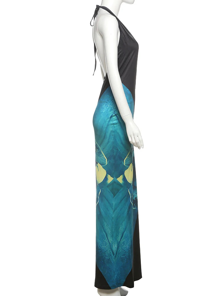 Weird Puss Orchid Print Women Halter Dress Sexy Y2K Sleeveless Backless Bandage Behind Splits Elegant Midnight Clubwear Vestidos
