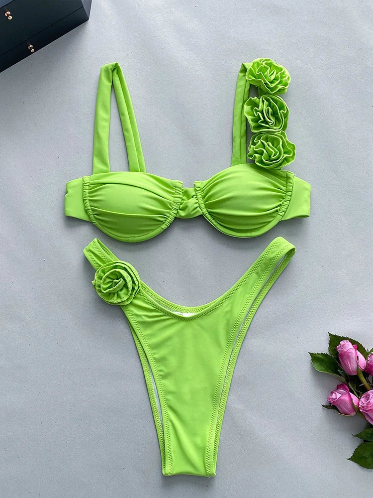 Sexy Solid Backless Floral Bikini  Set Women Split Swimsuit High Waist Beach Bikini 2025 New Summer Swimwea Bikinis Set