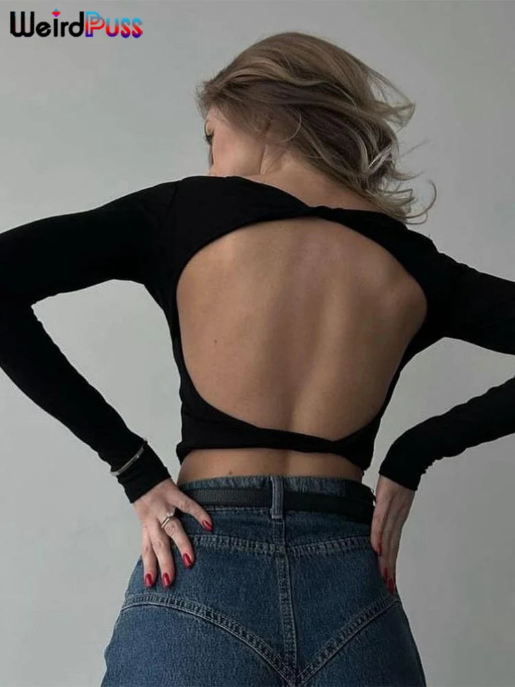 Y2K Backless Crop Tops Autumn Trend O-Neck Solid Long Sleeve Simple Causal Skinny Stretch Streetwear Basic Top