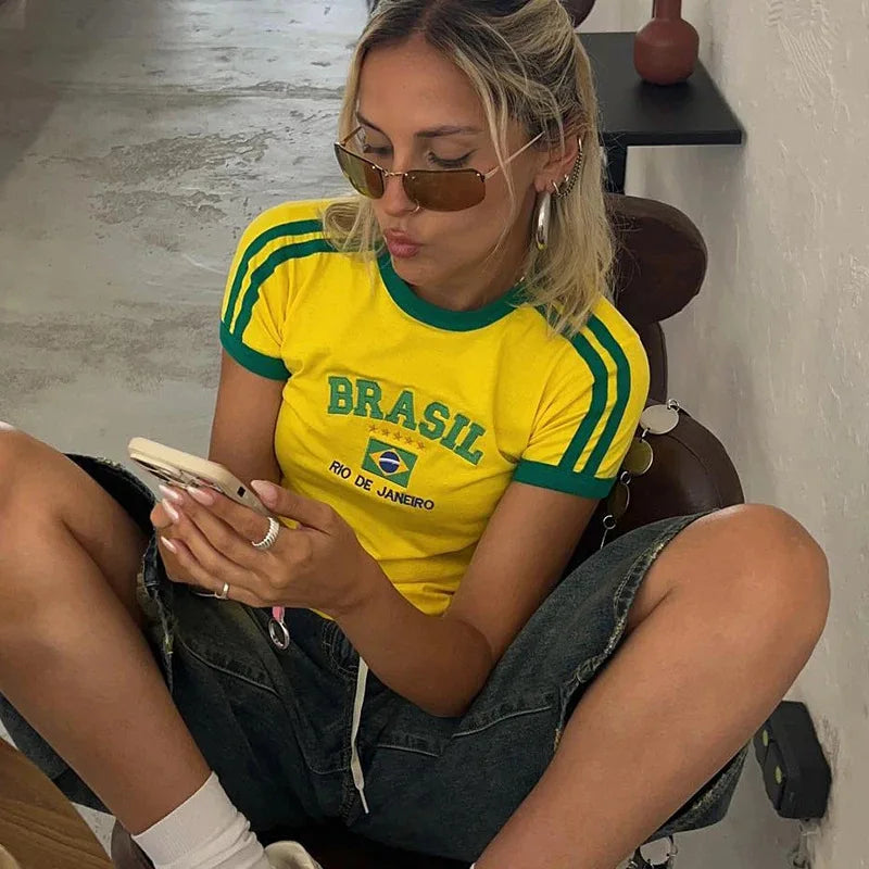 Aesthetic BRASIL Letter Print T-Shirt and Shorts Suit, Vintage Grunge  Short Sleeve Baby Tees, Summer Crop Top Y2k Clothe