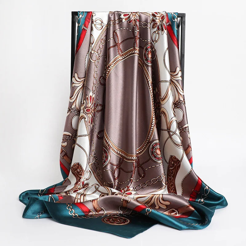 90*90cm Square Silk Scarves Women Hijab Shawls Fashion Print Kerchief Femme Head Scarf Foulard Bandana Beach Pareo
