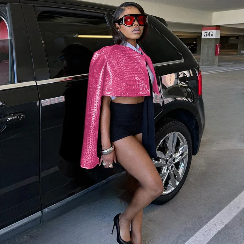 HLJ&GG Fashion Y2K Leather Snake Jacket Coat Three Piece Sets Women Lapel Long Sleeve Crop Top+Shorts Outfits Trend Streetwear