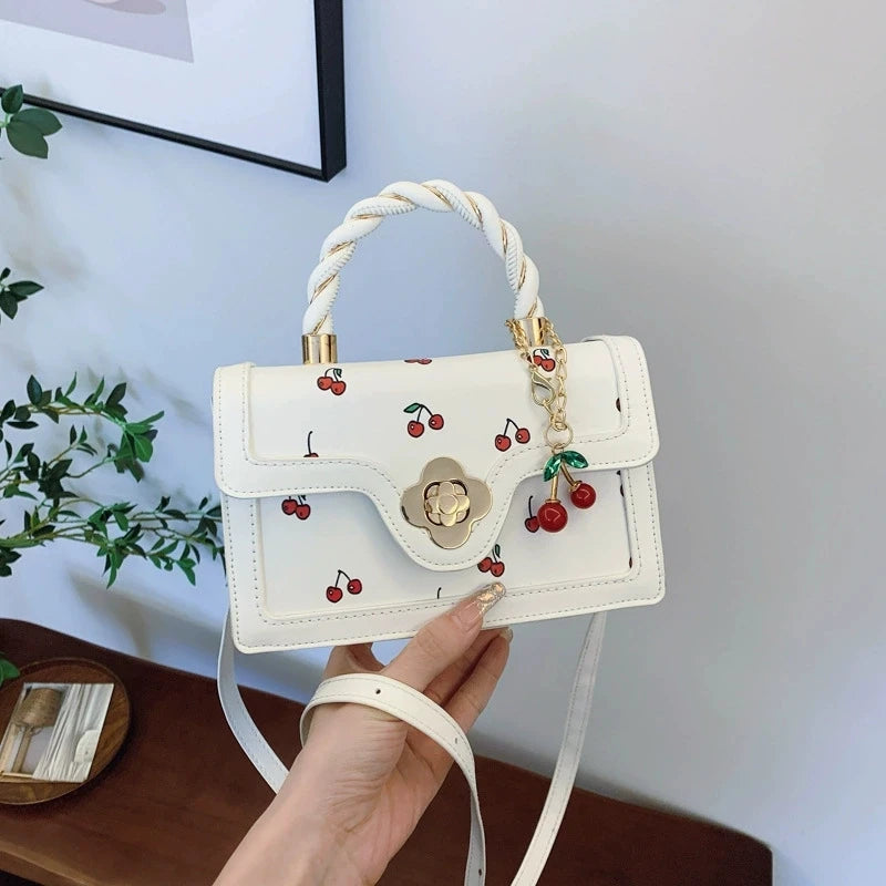 Cute Cherry Printed Handbag Shoulder Bag, Woven Handle Square Tote Bag, Fresh Design Women's Crossbody Bag, Stylish Women Bag