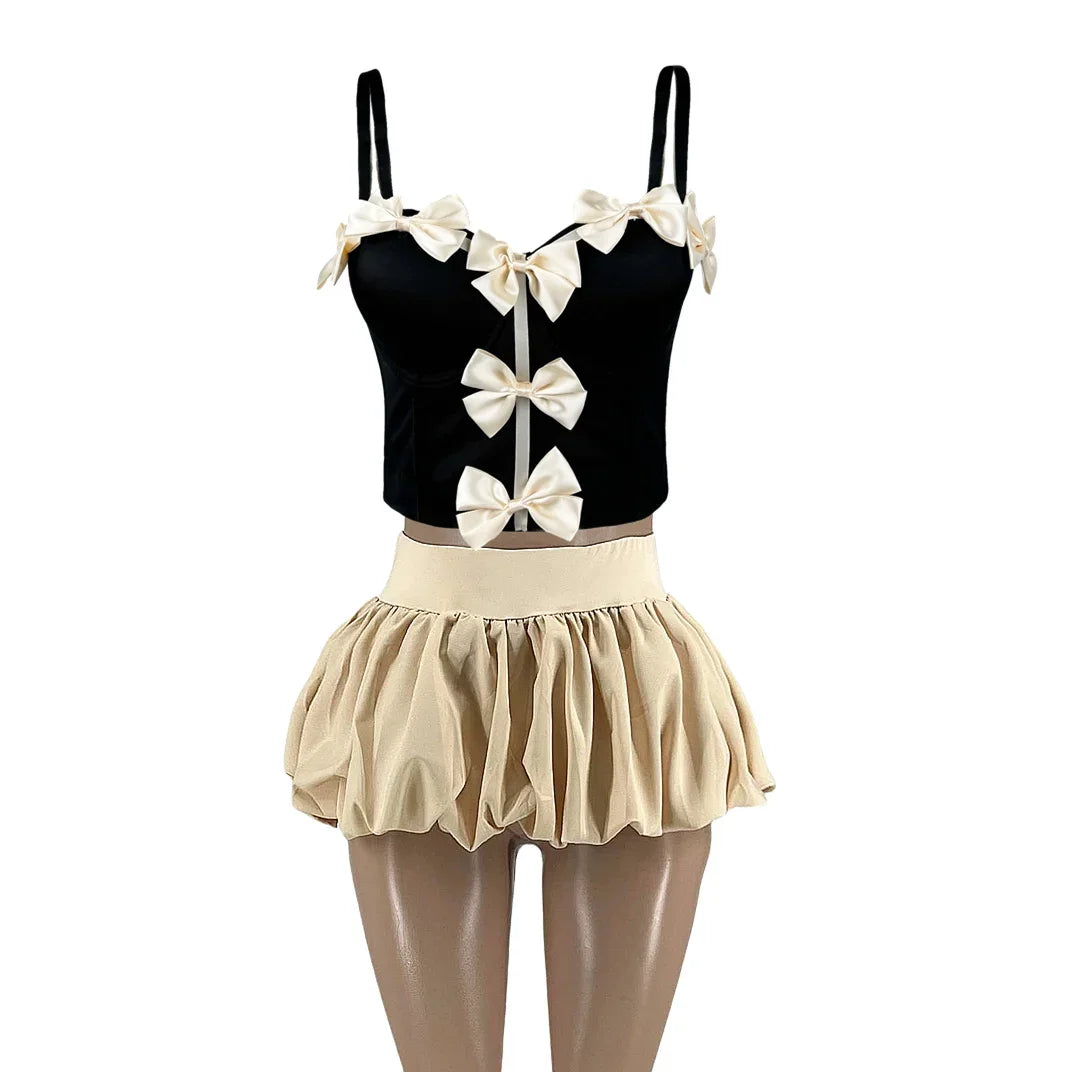 Sweet Bow Fashion, Two Piece Sets Women Thin Strap Slim Tank Top + Puffy Mini Skirts Outfits Female Streetwear