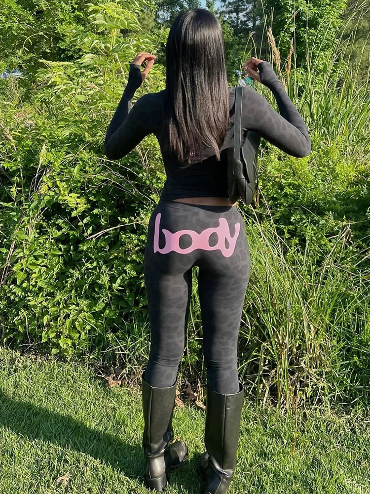Weird Puss Leopard Print 2 Piece Set Women Tracksuit Letter Zip Hooded Crop Jacke+Leggings Matching Casual Sporty Street Outfits
