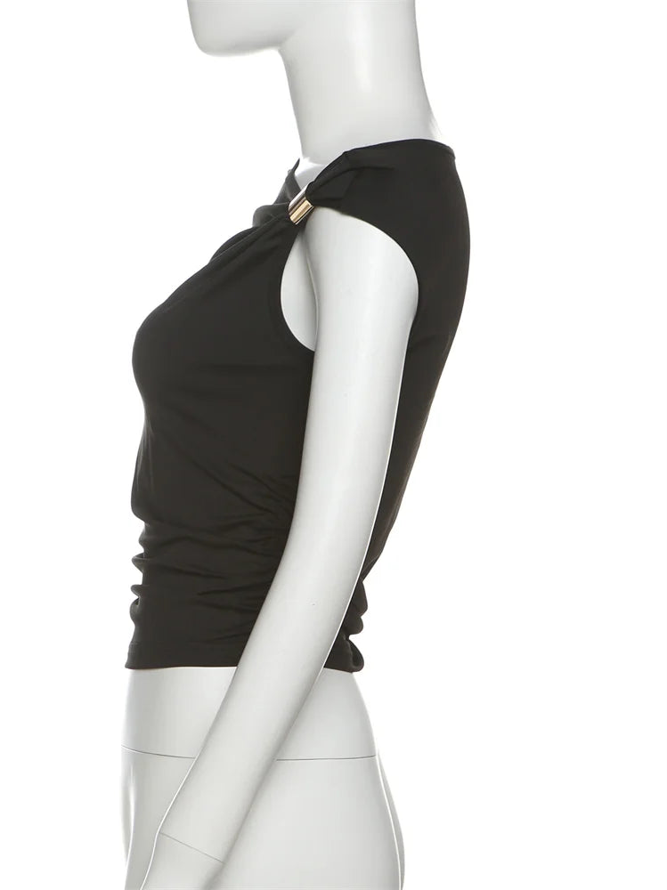 Off Shoulder Top Women Ruched Fashion Skew Collar Single Sleeve Daily Casual Solid Simple Streetwear