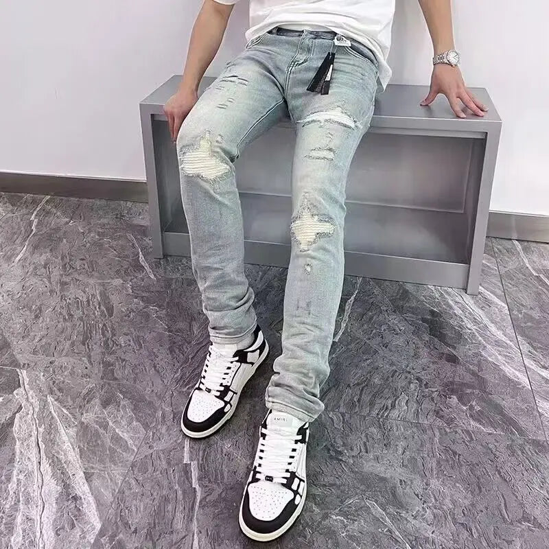 2025 Spring New Ripped Hole Denim Man's Pants Washing Light Blue Hip Hop Slim Fit  Men's Trousers High Street Blue beggar Jeans