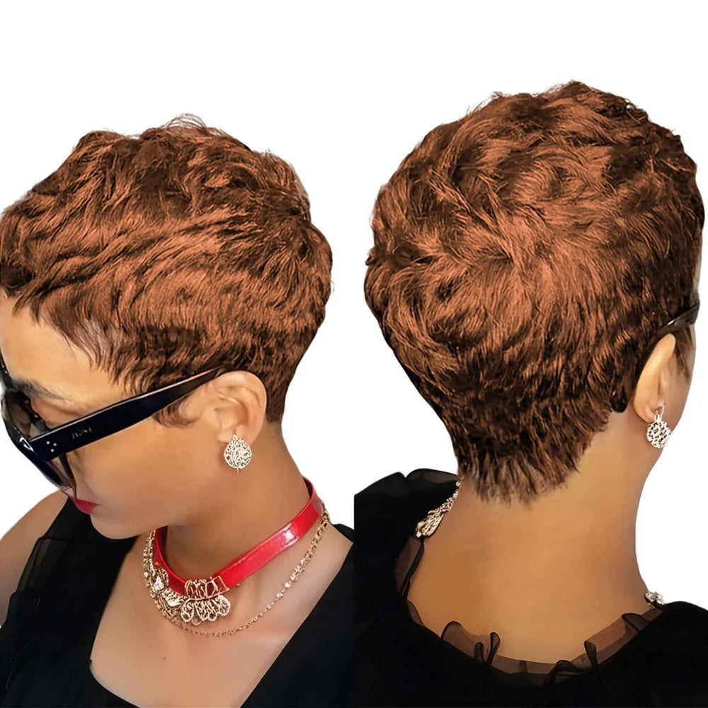 6inch Short Pixie Cut Straight Wig 100% Human Hair for Women Machine Made with Pre-Styled Bangs Tangle-Free Natural Hairline
