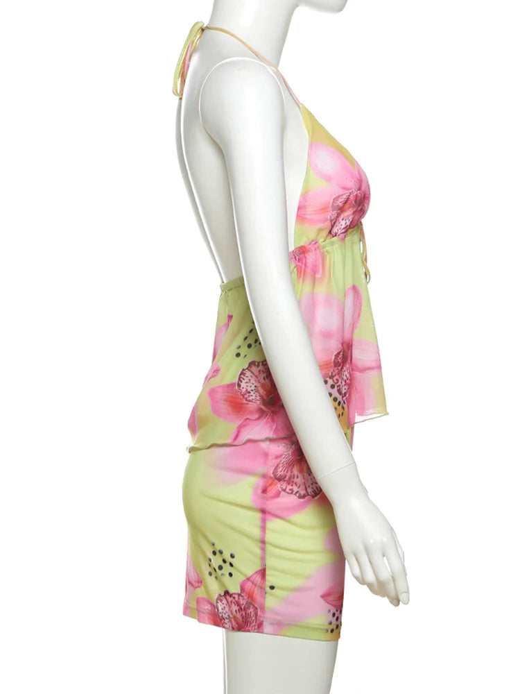 Weird Puss Flower Print Fashion 2 Piece Set Women Halter Lace-Up Backless Ruched Camisole+Skinny Skirt Vacation Beach Party Suit