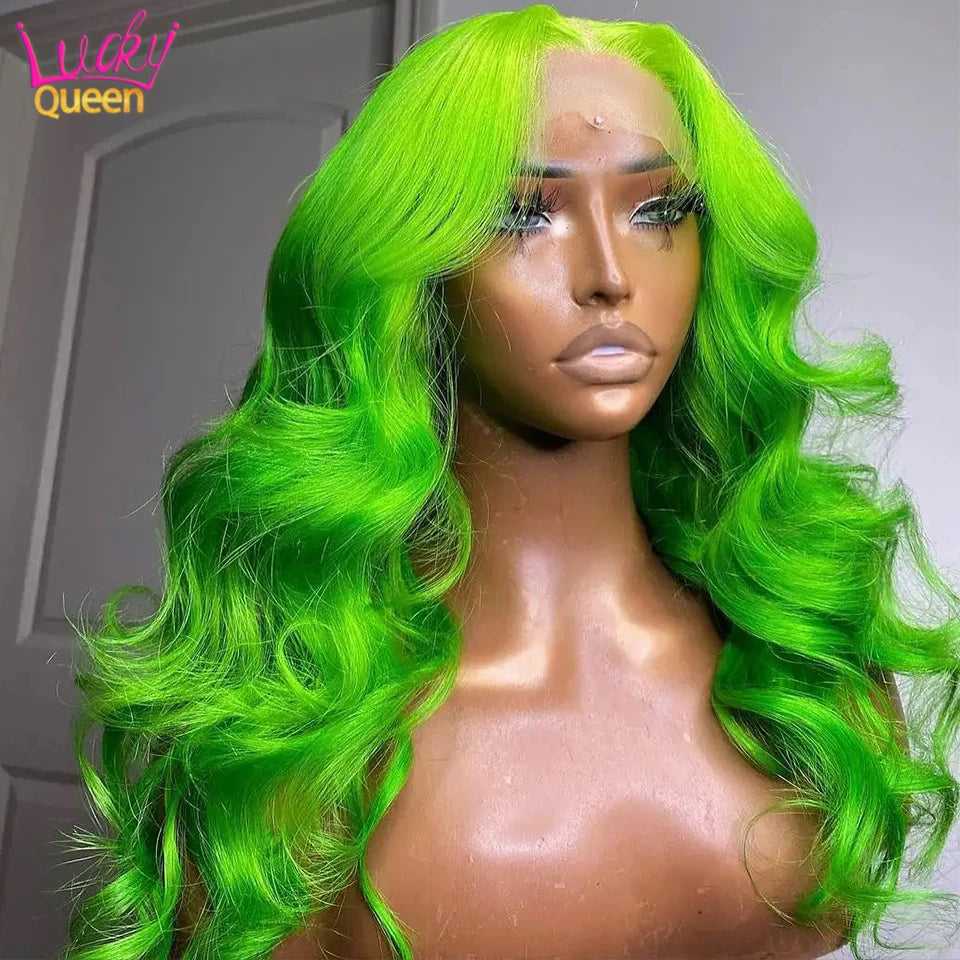 Fluorescent Bright Green 180 Density 13x6 613 Colorful Wigs Body Wave Human Hair Pre Plucked For Women Transparent Lace Frontal