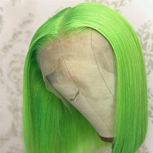 Short Straight Lime Green Lace Bob Wigs Human Hair Wigs Brazilian Remy Lace Frontal Wig Colored Lace Front Wig For Women