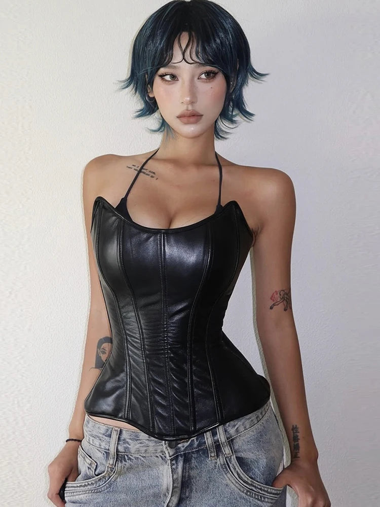 Weird Puss Sexy Faux Leather Tank Top Women Fashion Casual Sleeveless Patchwork Irregular Hem Coquette Midnight Party Club Vest