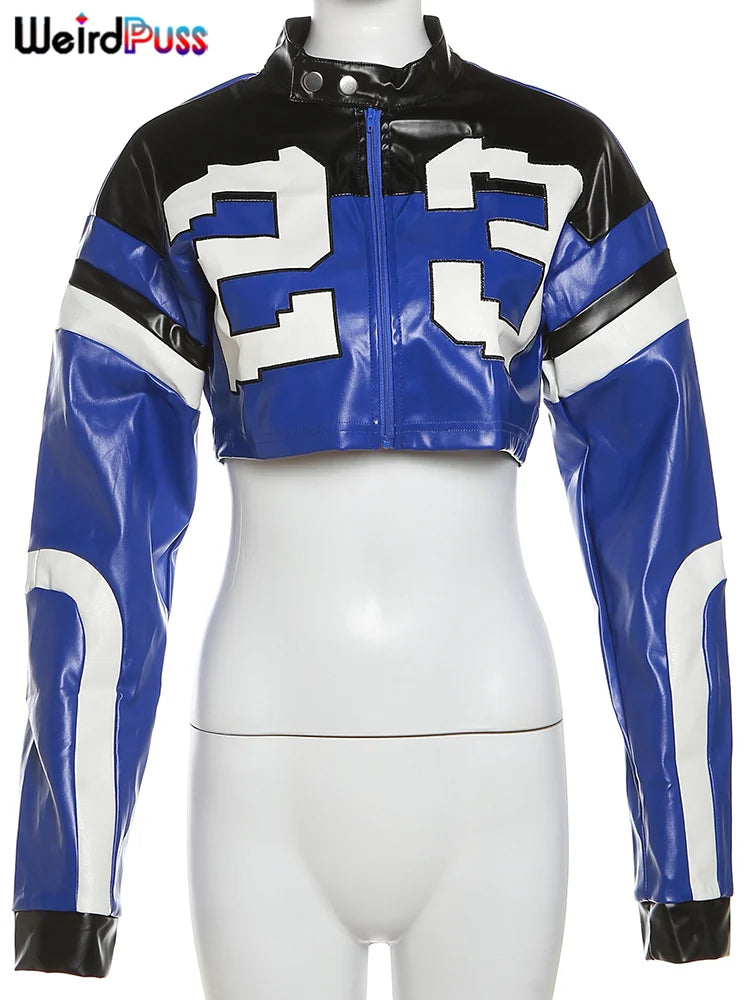 Weird Puss Faux Leather Women Jacket Hipster Letter Print Autumn Trend Casual Sporty Wild Streetwear Uniform Varsity Crop Coat