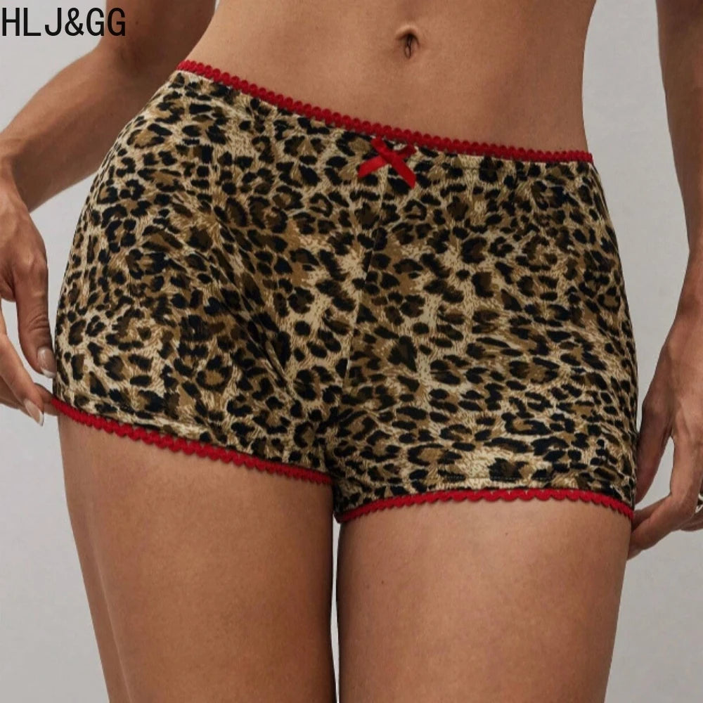 HLJ&GG Sexy Glossy Leather Two Piece Sets Women Off Shoulder Slim Crop Top+Leopard Shorts Outfits Fashion Y2K Streetwear