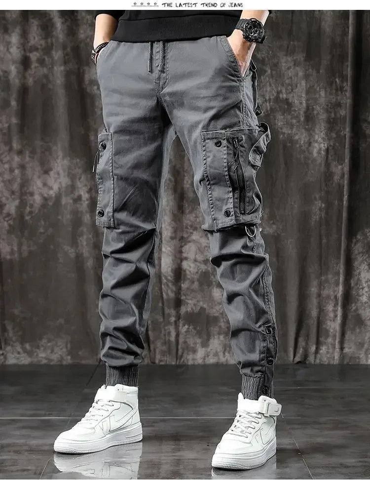 Trendy Men's Spring Autumn Cargo Pants Slim Fit Casual Style Loose Fit American Style Multiple Pocket Small Foot Pants Black