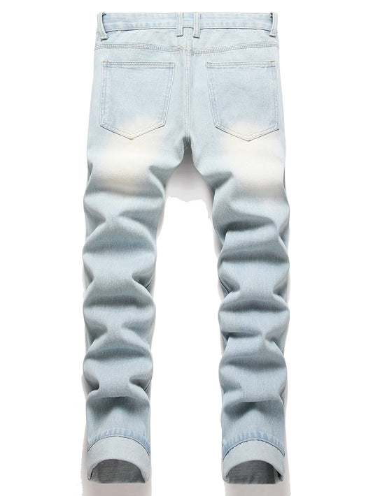 Vintage Light Blue Jeans Straight Loose Fit Distressed Cat Whisker Denim Pants Casual Streetwear High Quality Stretch 28-4, men's jeans