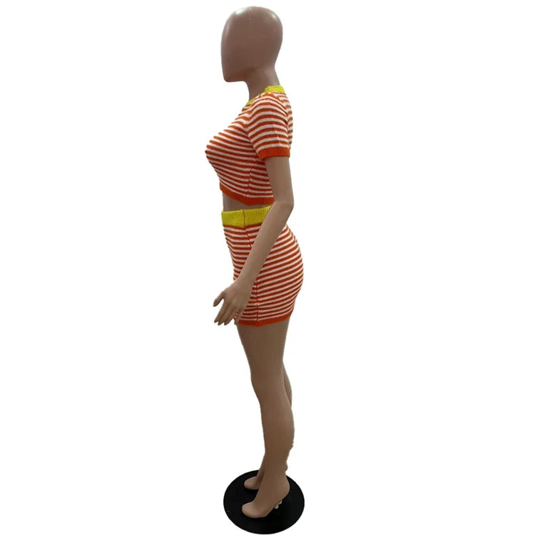 STYLISH LADY Striped Printed Knitted 2 Piece Set Women Short Sleeve Crop Top and Mini Skirt Suits 2025 Summer Sexy Club Outfits