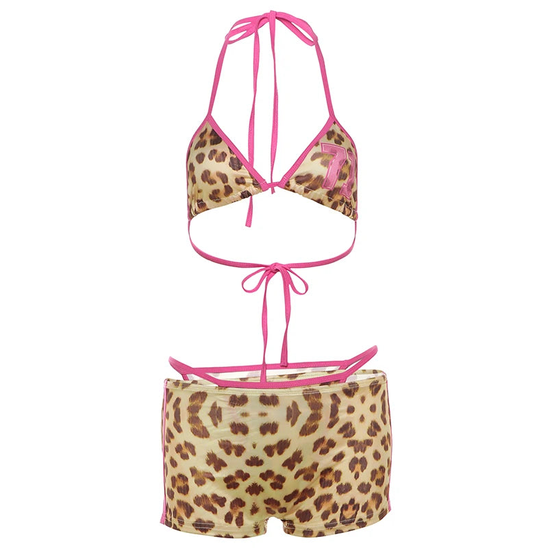 Weird Puss Beach Vacation 3 Piece Set Women Leopard Print Halter Bra Tops+Panties+Shorts Summer Midnight Party Matching Clubwear
