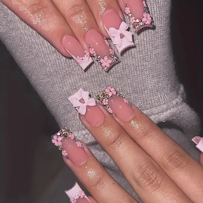 24pcs Nude Pink False Nails Patches 3D Bowknots Flower Press On Nails 2024 New Wearable White French Style Fake Nail Tips