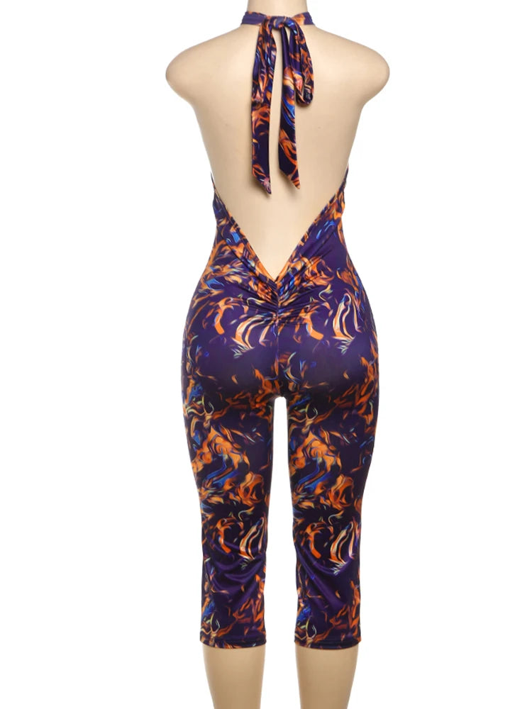 Weird Puss Colorful Print Romper Women Halter Bandage Summer Sexy Hipster Backless Activity Workout Fit Tight Stretch Playsuits