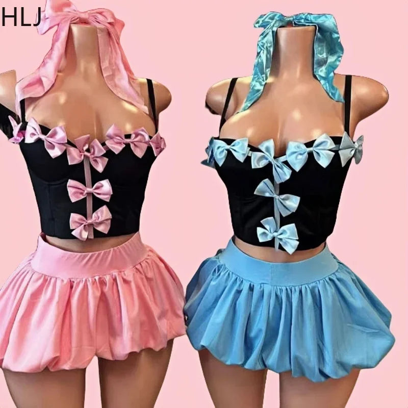 Sweet Bow Fashion, Two Piece Sets Women Thin Strap Slim Tank Top + Puffy Mini Skirts Outfits Female Streetwear