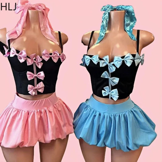 Sweet Bow Fashion, Two Piece Sets Women Thin Strap Slim Tank Top + Puffy Mini Skirts Outfits Female Streetwear