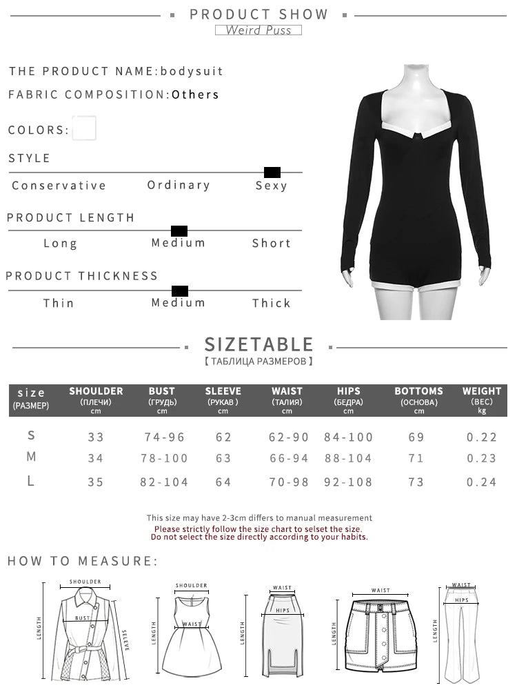 Weird Puss Square Collar Playsuit Women Fall Chic Patchwork Long Sleeve Skinny Stretch  Long Sleeve Romper Streetwear Overalls