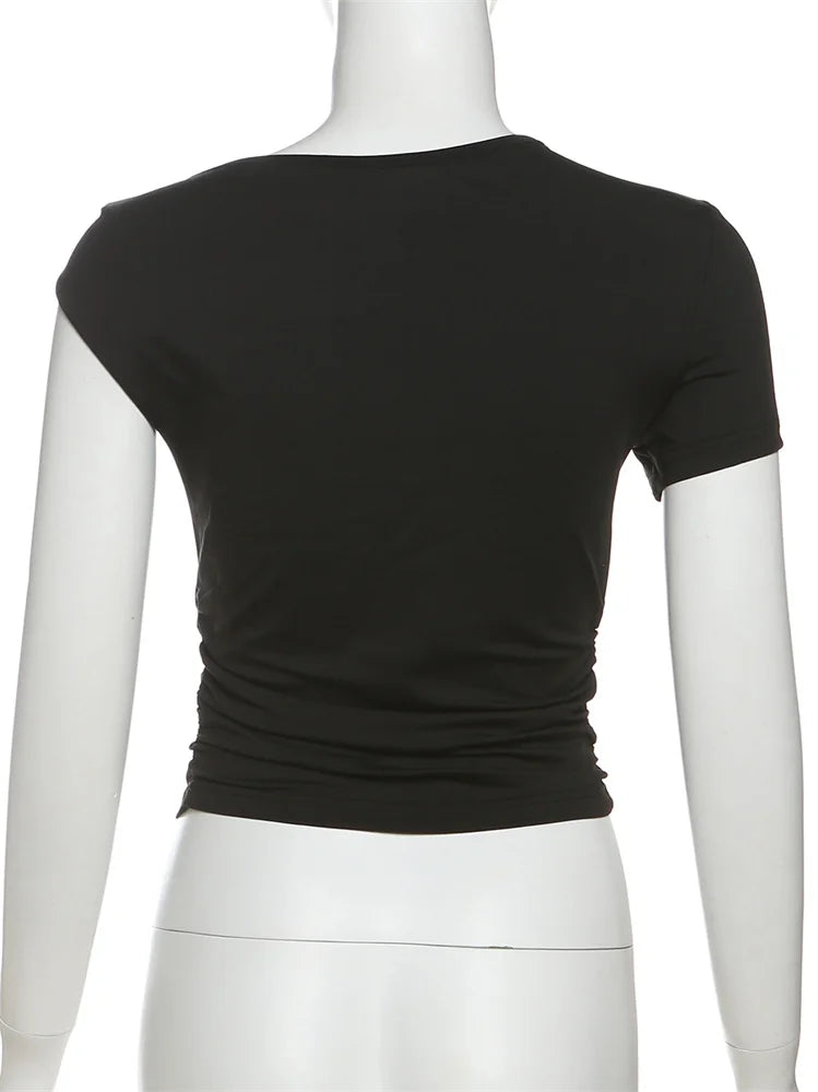 Off Shoulder Top Women Ruched Fashion Skew Collar Single Sleeve Daily Casual Solid Simple Streetwear