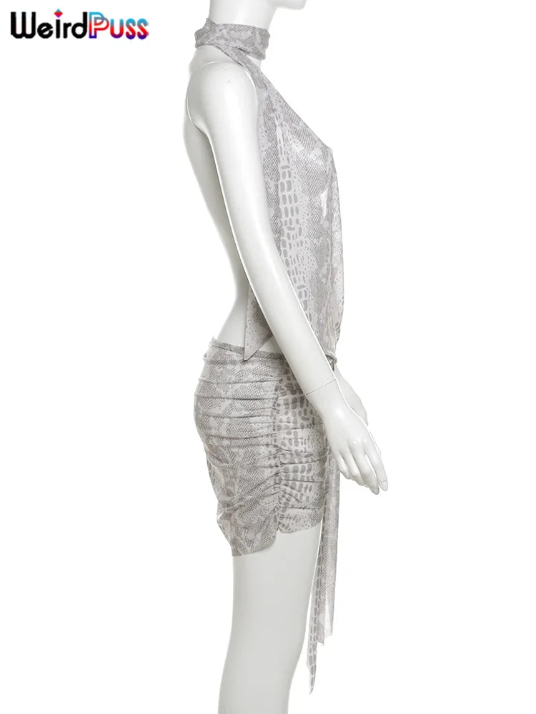 Weird Puss Snake Print Women Sexy Dress Y2K See Through Irregular Halter Ruched Backless Ribbon Beach Vacation Clubwear Bodycon
