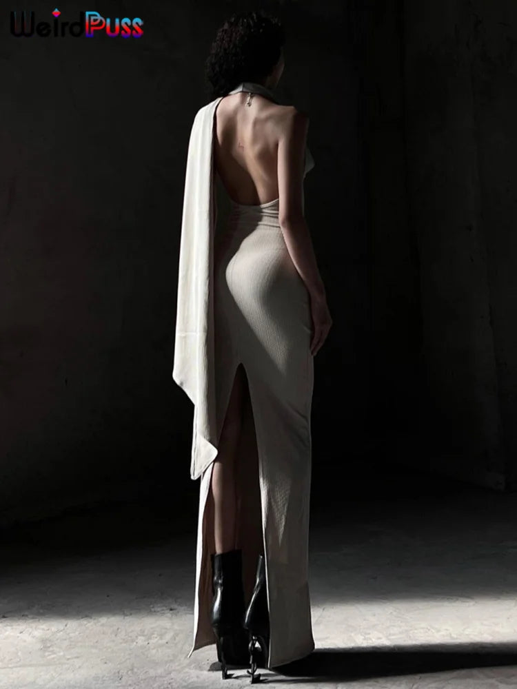 Weird Puss Backless Halter Women Evening Dress With Scarf Hollow Back Split Skinny Ladies Formal Occasion Prom Bodycon Vestidos