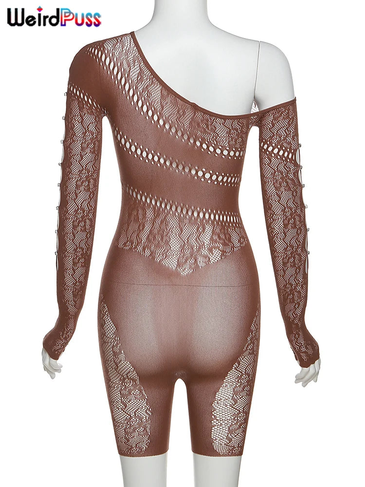 Weird Puss See Through Romper Women Sexy  Hollow Rhinestones Long Sleeve Skinny Irregular Off Shoulder Body-Shaping Playsuits