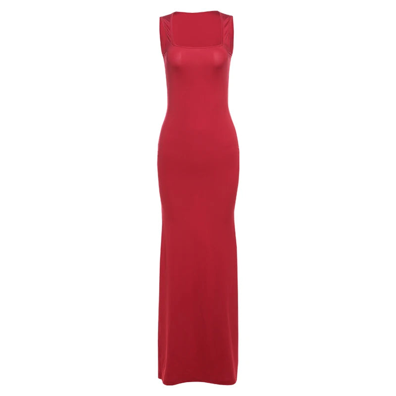 Weird Puss Solid Maxi Dress Woman Summer Sexy Sleeveless Low Chest Simple Elegant Smooth Fashion Party Evening Skinny Vestidos