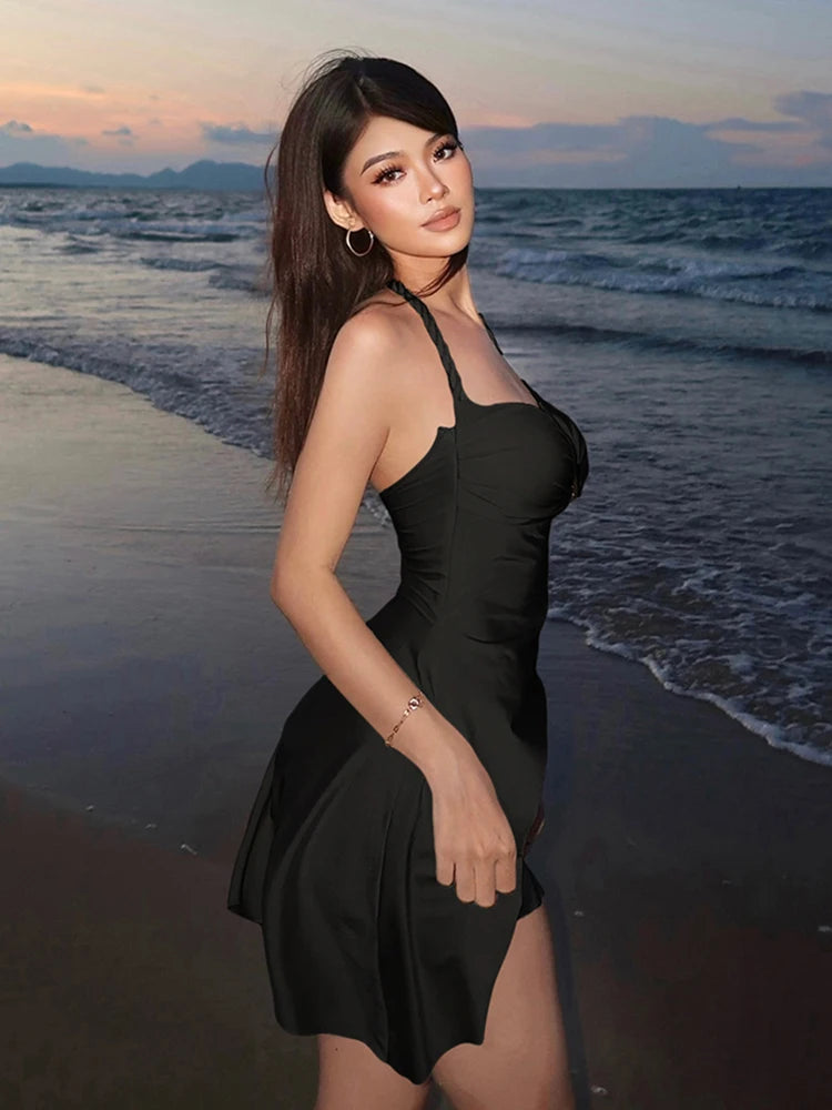 Weird Puss Shell Metal Satin Dress Women Y2K Plait Halter Sexy Low-Neck Irregular Backless Sleeveless Ruched Summer Mini Bodycon