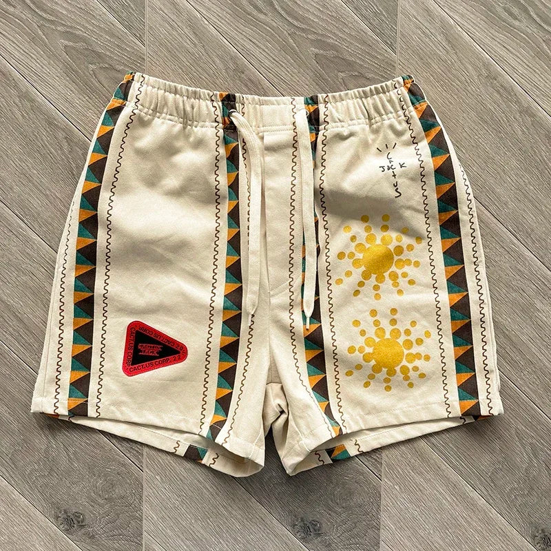 Cactus Jack Shorts Fashion Casual  Loose Color Blocking Patch Black Drawstring Elastic Waist Shorts Men Women Streetwear Pants