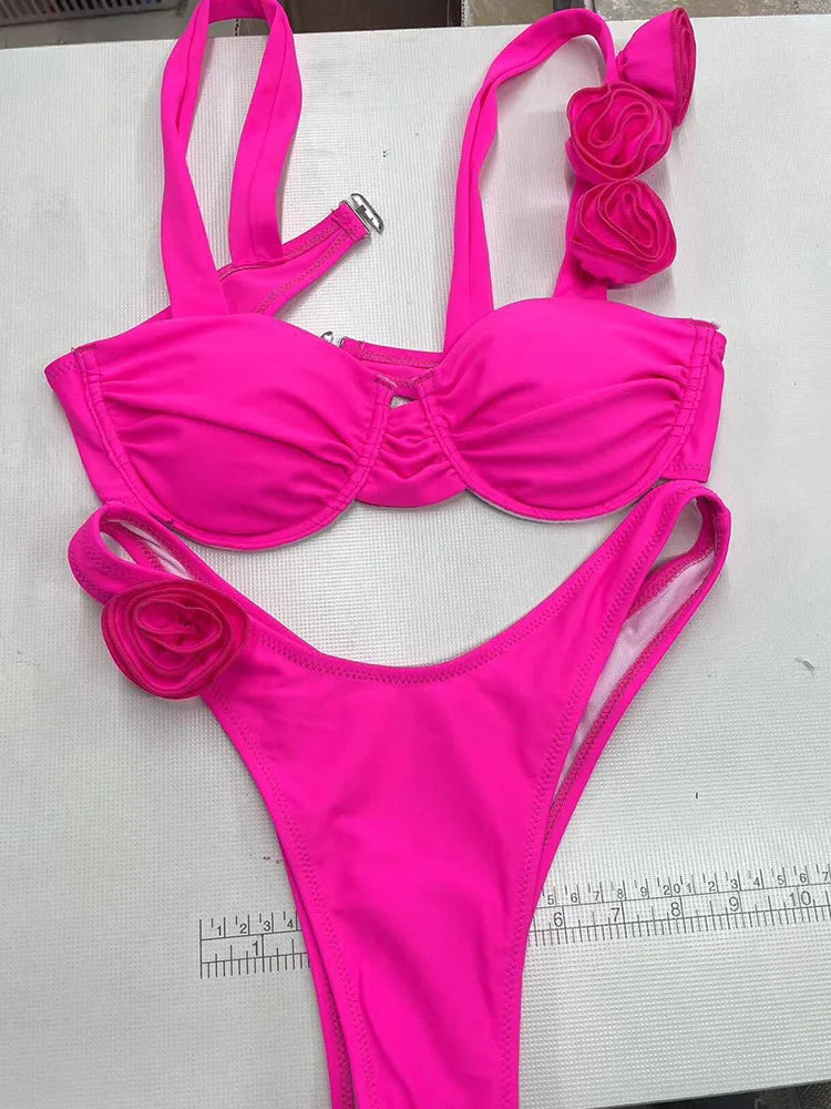 Sexy Solid Backless Floral Bikini  Set Women Split Swimsuit High Waist Beach Bikini 2025 New Summer Swimwea Bikinis Set