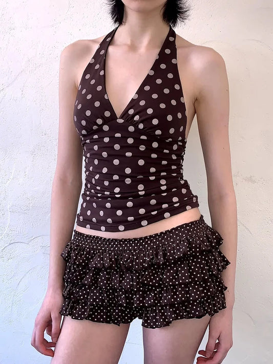 weird Puss Halter v-Neck Vest Women Y2K Lace-Up Backless Polka Dot Print  Skinny Summer Fashion Daily Street Basic Tank Tops
